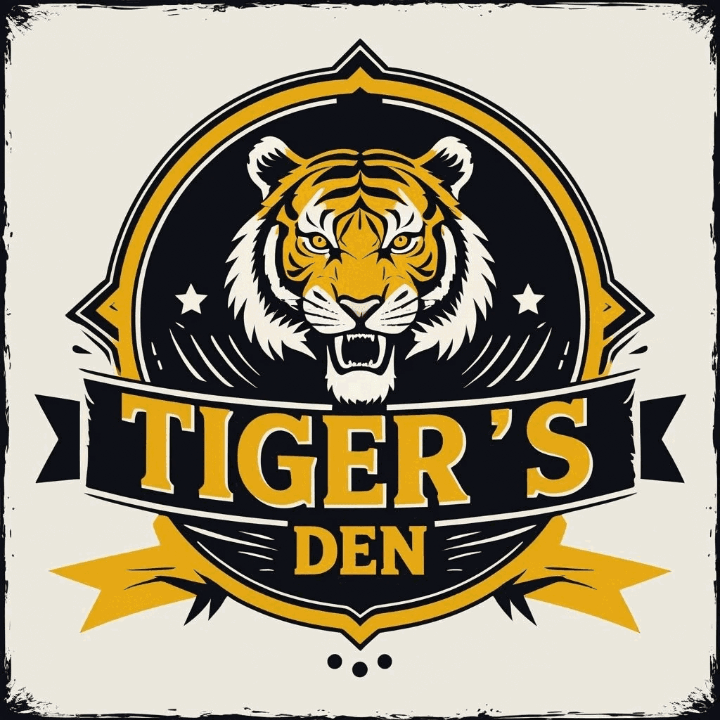 Tiger's Den — 2026 SLOHS Athletic Booster Bash logo: a roaring tiger on a black and gold crest above a banner reading Tiger's Den