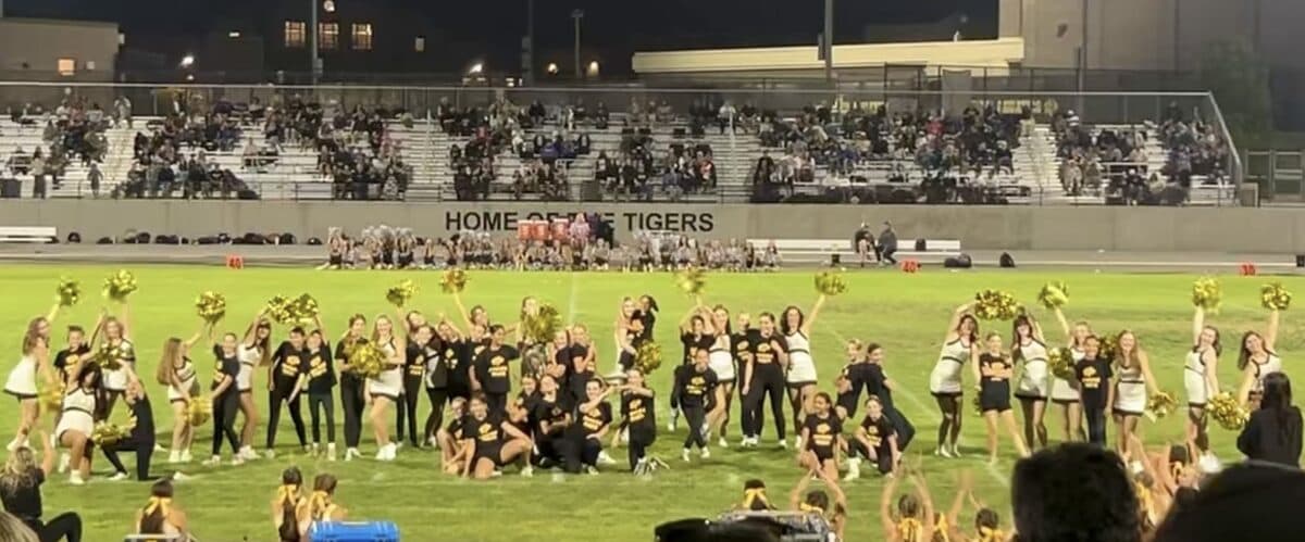 The team on the field with the Future Tigers — Tiger Spirit's first Future Tiger Spirit Workshop, hosted with Cheer, bringing young dancers out at halftime.